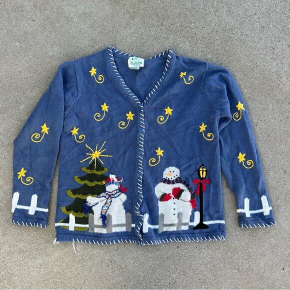 Vintage Sweaters - 90s Quacker Factory embroidered snowman winter ugly Christmas cardigan sweater